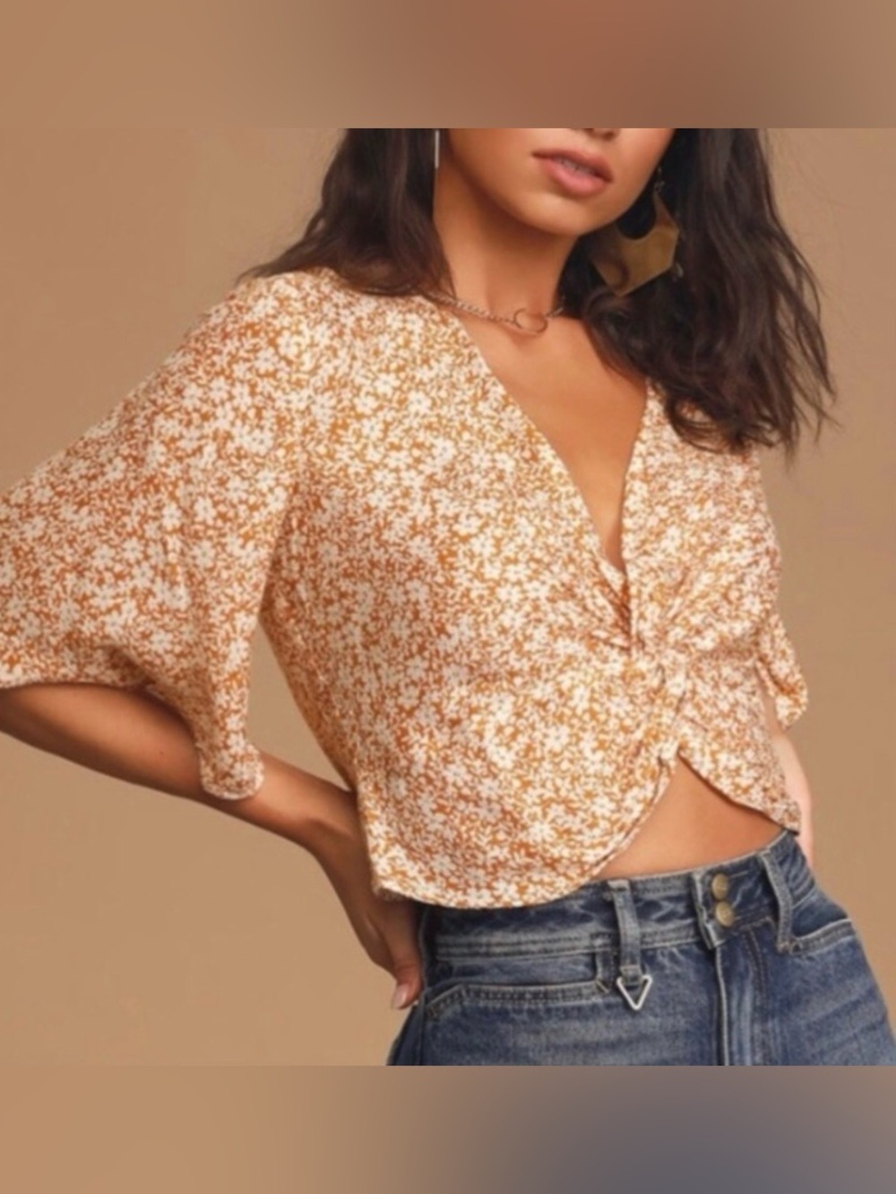 Sage Knot-Front Floral Crop Blouse - Cream & Gold NWT